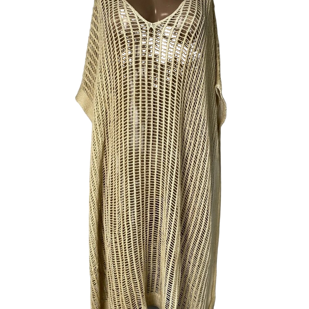 Sanctamuerte Women's Long Mesh Maxi Sweater Size S Sand Shell/Gold – V-Neck,